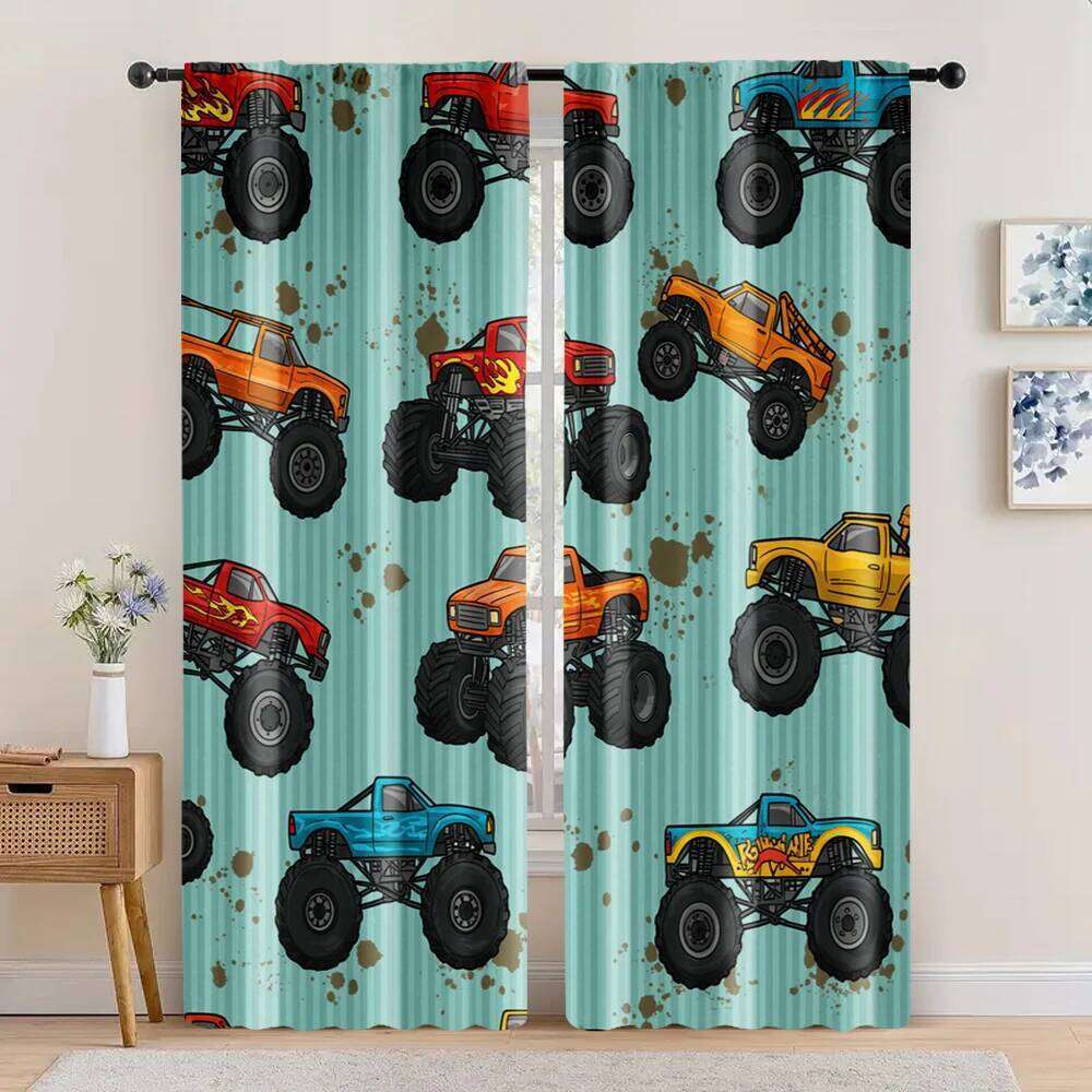 2pcs, spring summer Cute Monster Truck Prints Light Filtering Curtains Versatile 100% Polyester Room Decor Perfect for