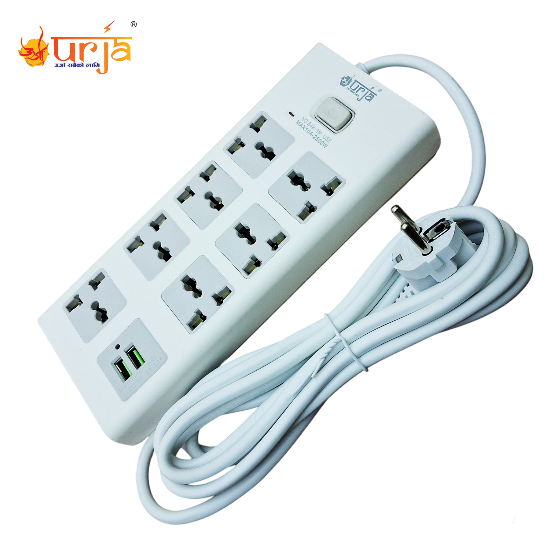 Urja B42-3M 7 Port Extension Multiplug with 2 USB Ports (2.1A), 2500W Power, 10A, 3 Meter Cord - 1 Master Switch, Energy Efficient, Ideal for Home & Office Use
