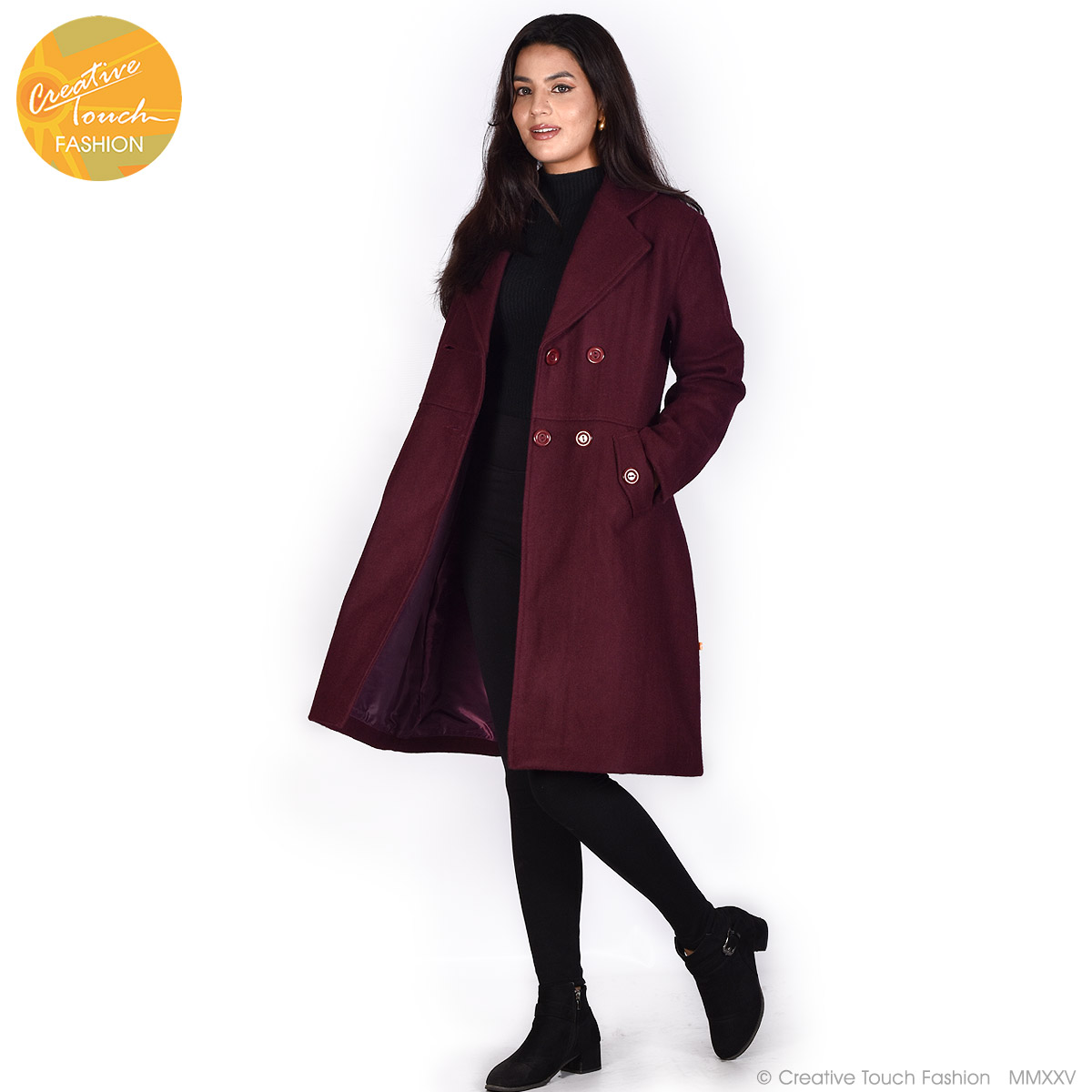 Creative Touch Fashion Dark Plum Double Breasted Blazer Coat For Women WCT2112