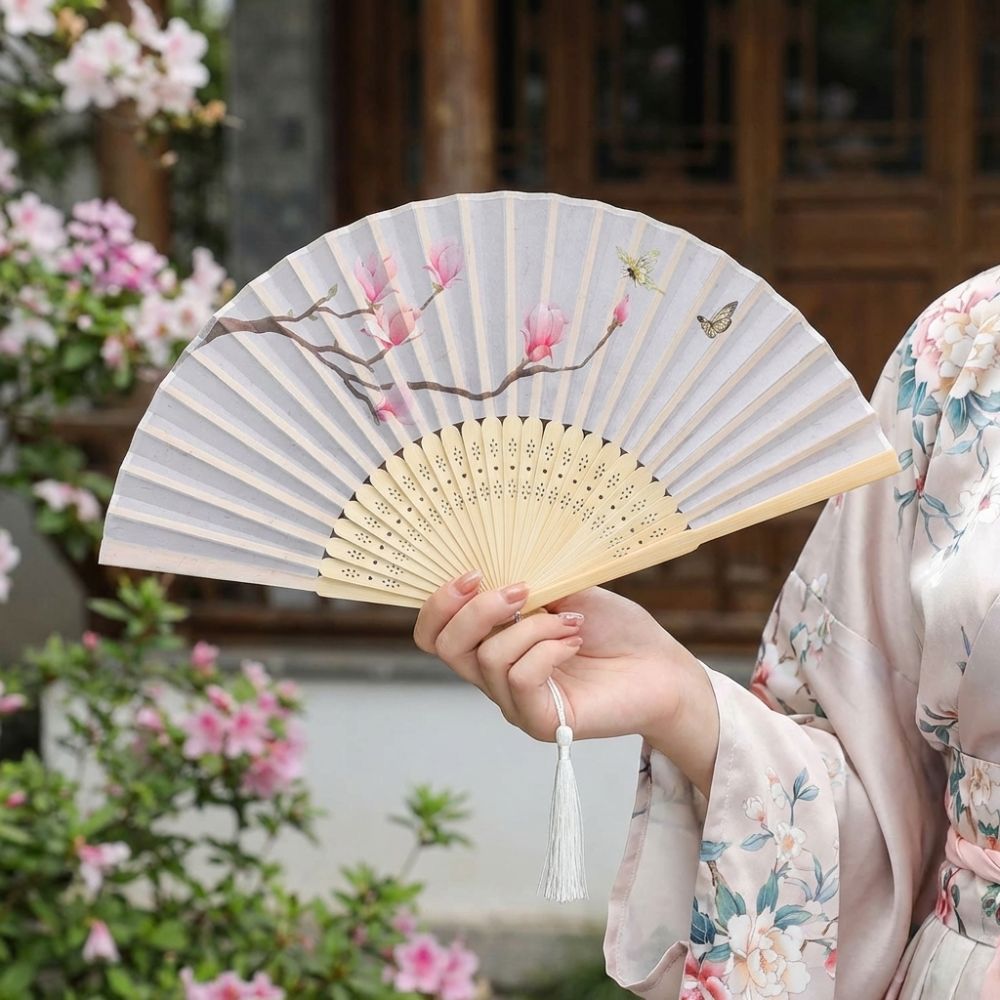 Elegant Antique Folding Fan Bamboo Frame Magnolia Pattern Chinese Style Fan Artistic Lightweight Handheld Fan Cultural Performance