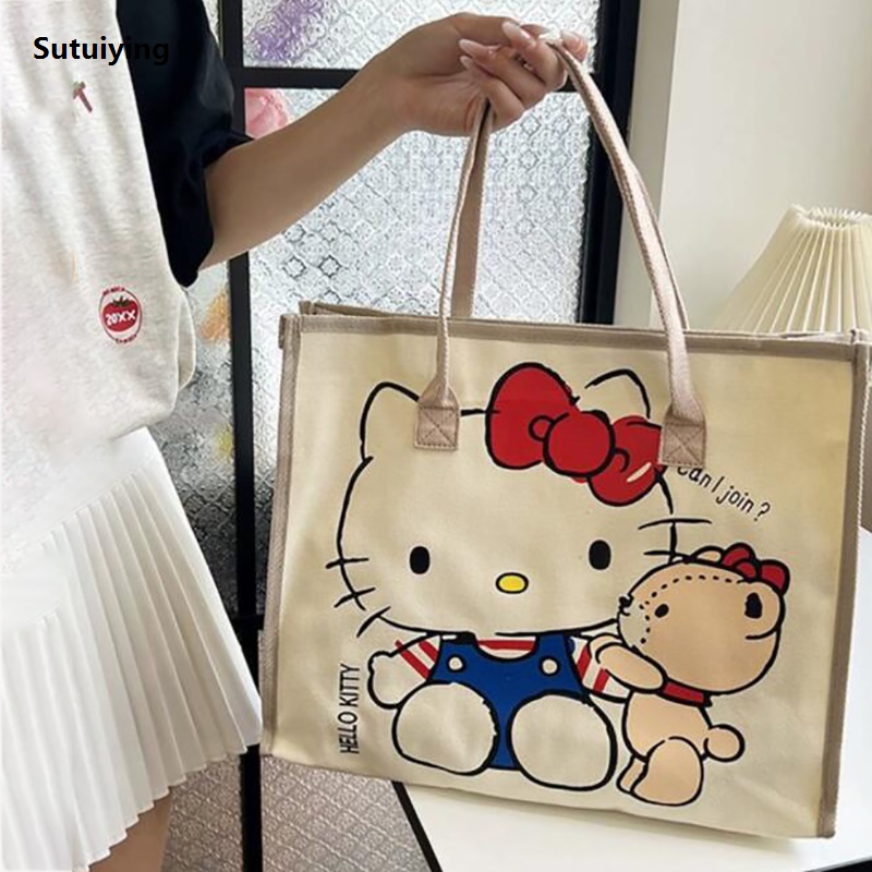 Sutuiying Sanrio Hello Kitty cute Tote Canvas Bag Cute CanvasShoulder BagCartoon Fashion Anime Handbag ForSchool Work Travel Shopping Schoolbag