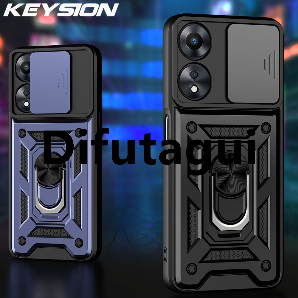 Difutagui KEYSION Shockproof Armor Case for Oppo A78 5G Slide Camera Lens New Protection Ring Stand Phone Back Cover for Oppo A78 5G