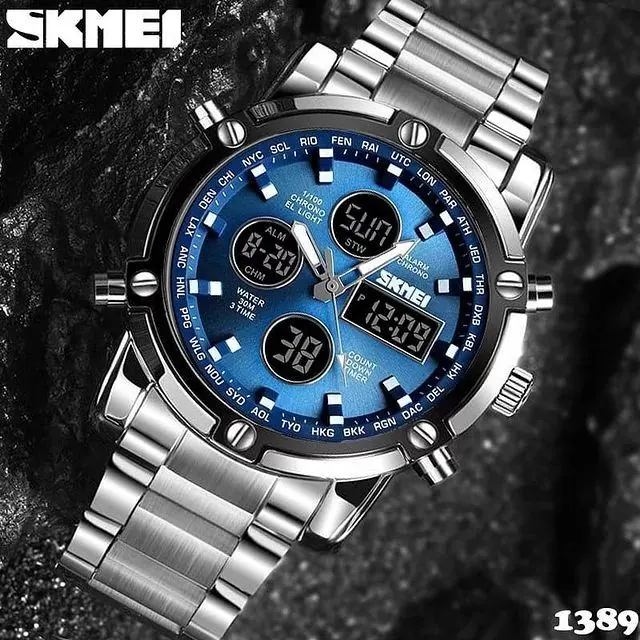 SKMEI 1389 MultiFunctional Business Analog Digital Stainless Steel Watches for Men - Silver
