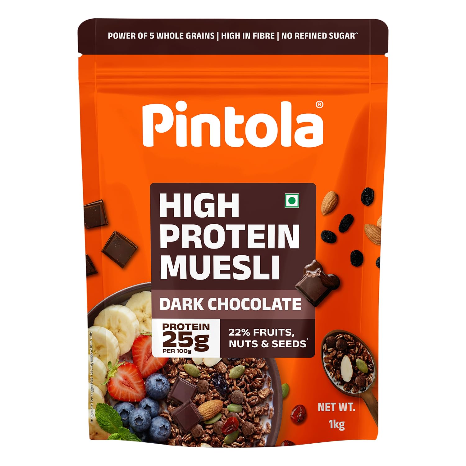 Pintola High Protein Muesli 1kg | Dark Chocolate & Cranberry | 25g Protein | Zero Refined Sugar | High Fiber Breakfast Cereal