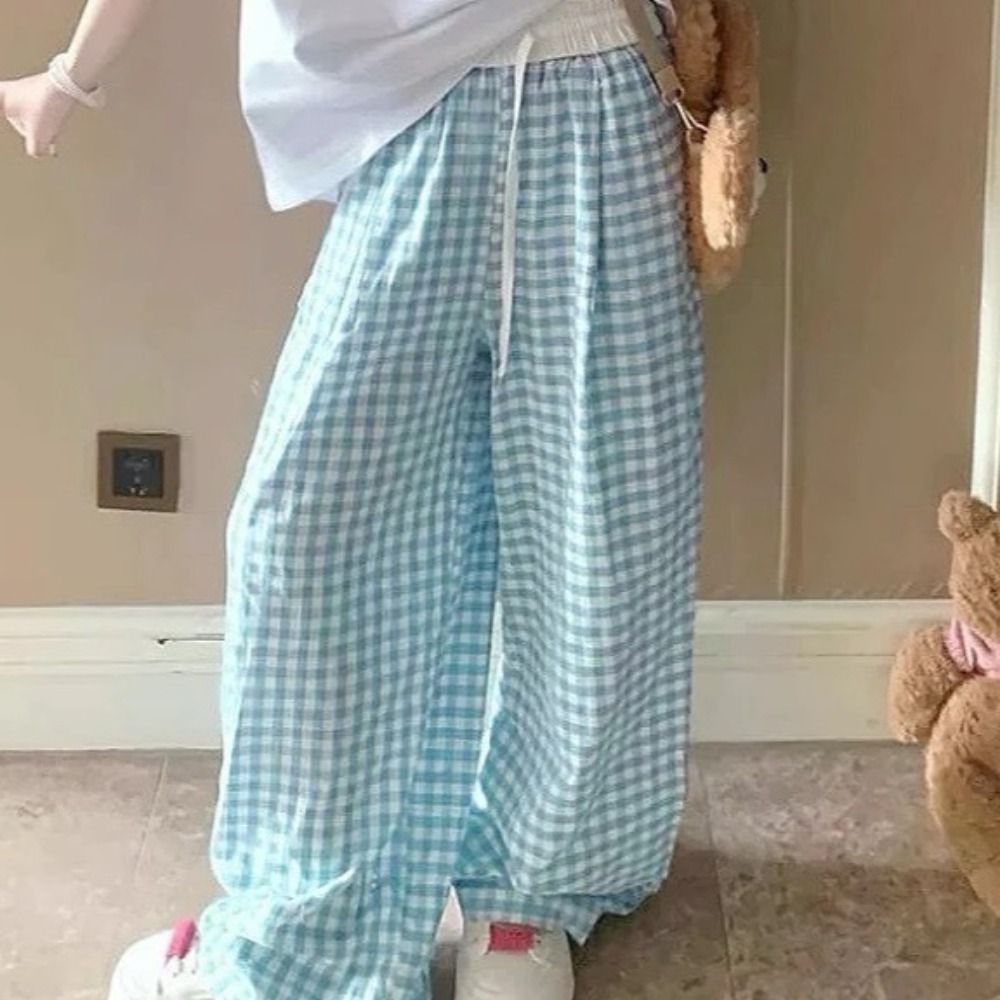 【Versatile】 Classic High Waist Straight Plaid Pants Casual Thin Y2K Drawstring Pants Baggy Trousers Stripe Wide Leg Loose Pants Women Girl