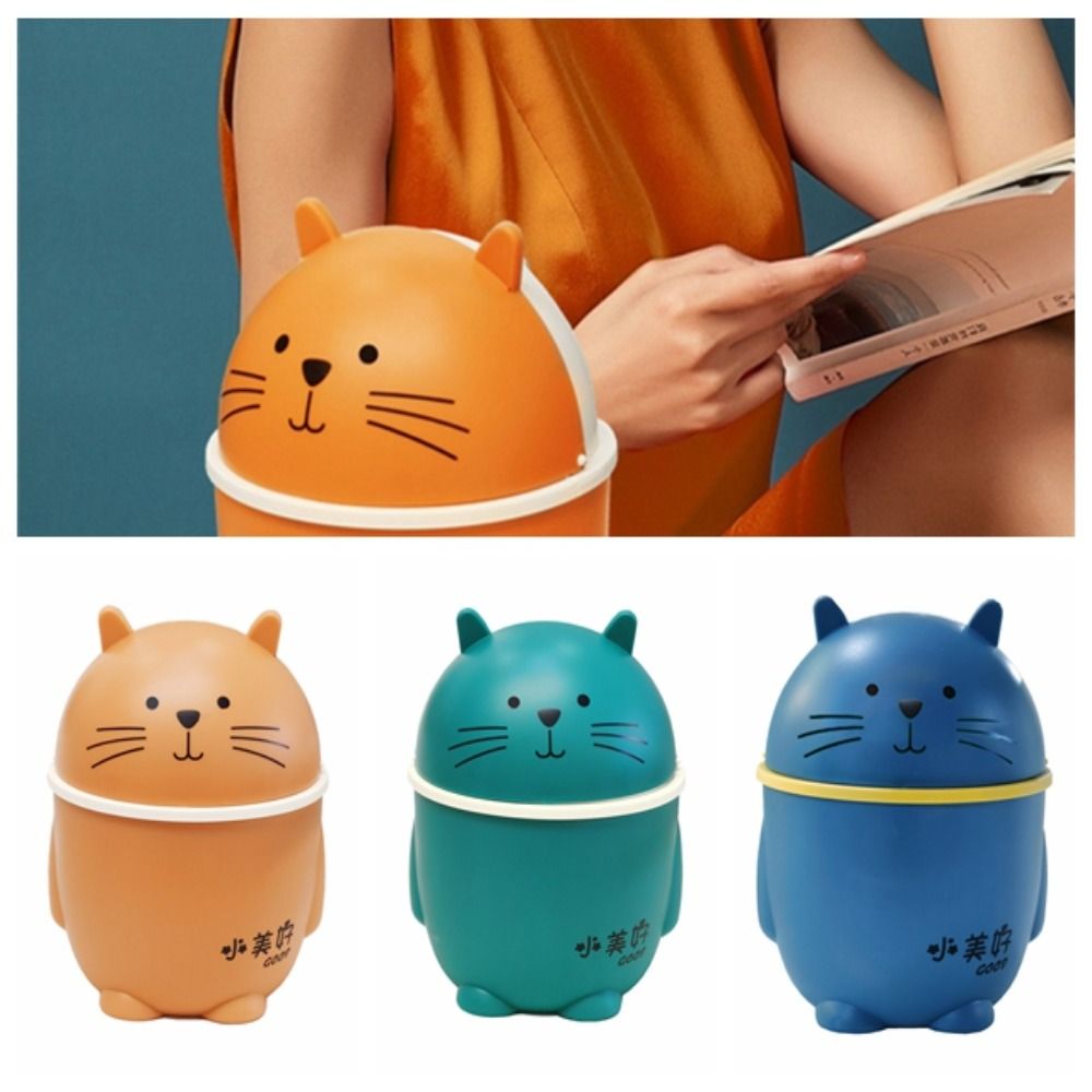 Creative Plastic Cartoon Cat Trash Can Kawaii Portable Desktop Waste Box Mini Garbage Basket Kitchen