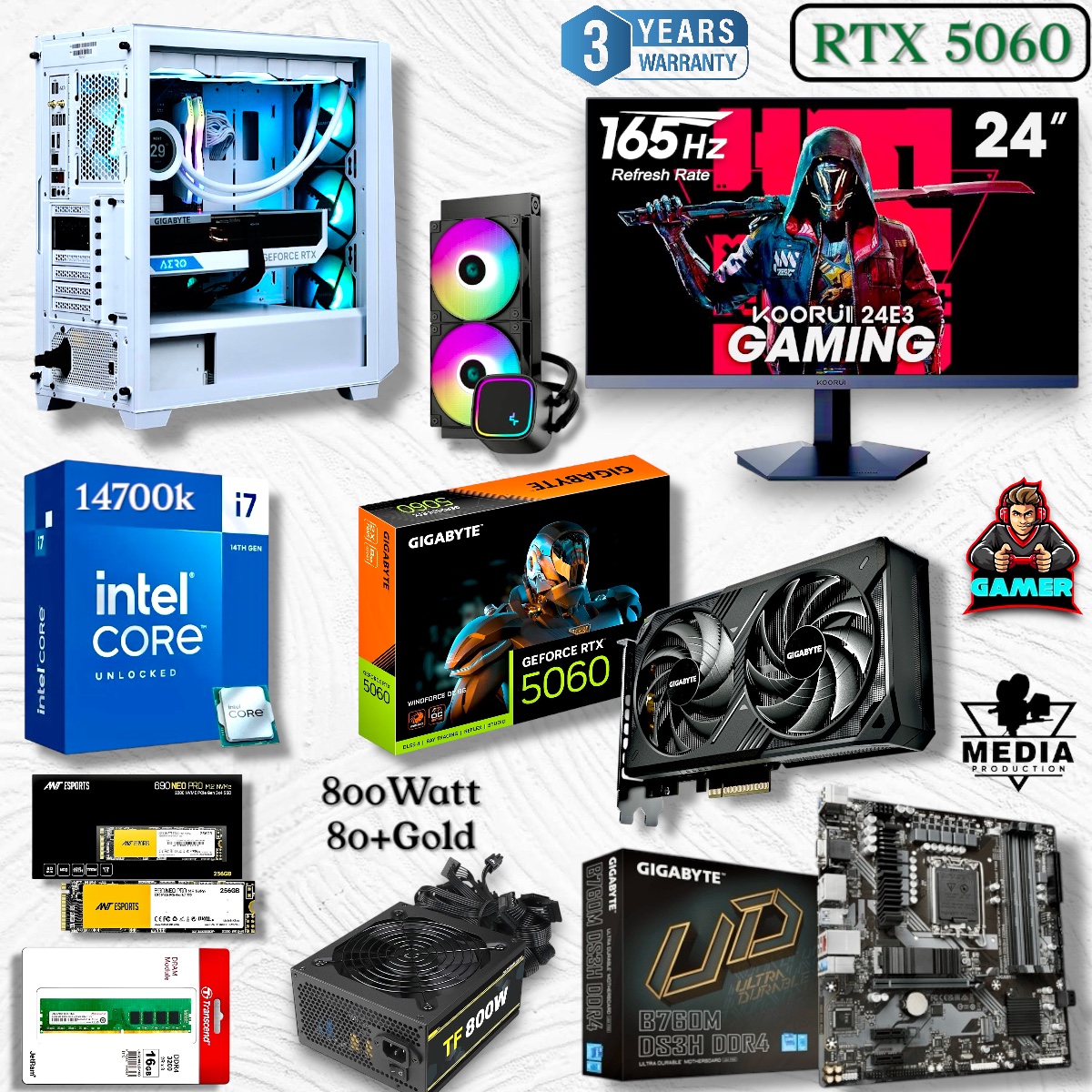 Liquid Cooled Gaming PC With Intel Core i7 14700K, Gigabyte RTX 5060 8GB Graphics Card , 16GB DDR4 RAM