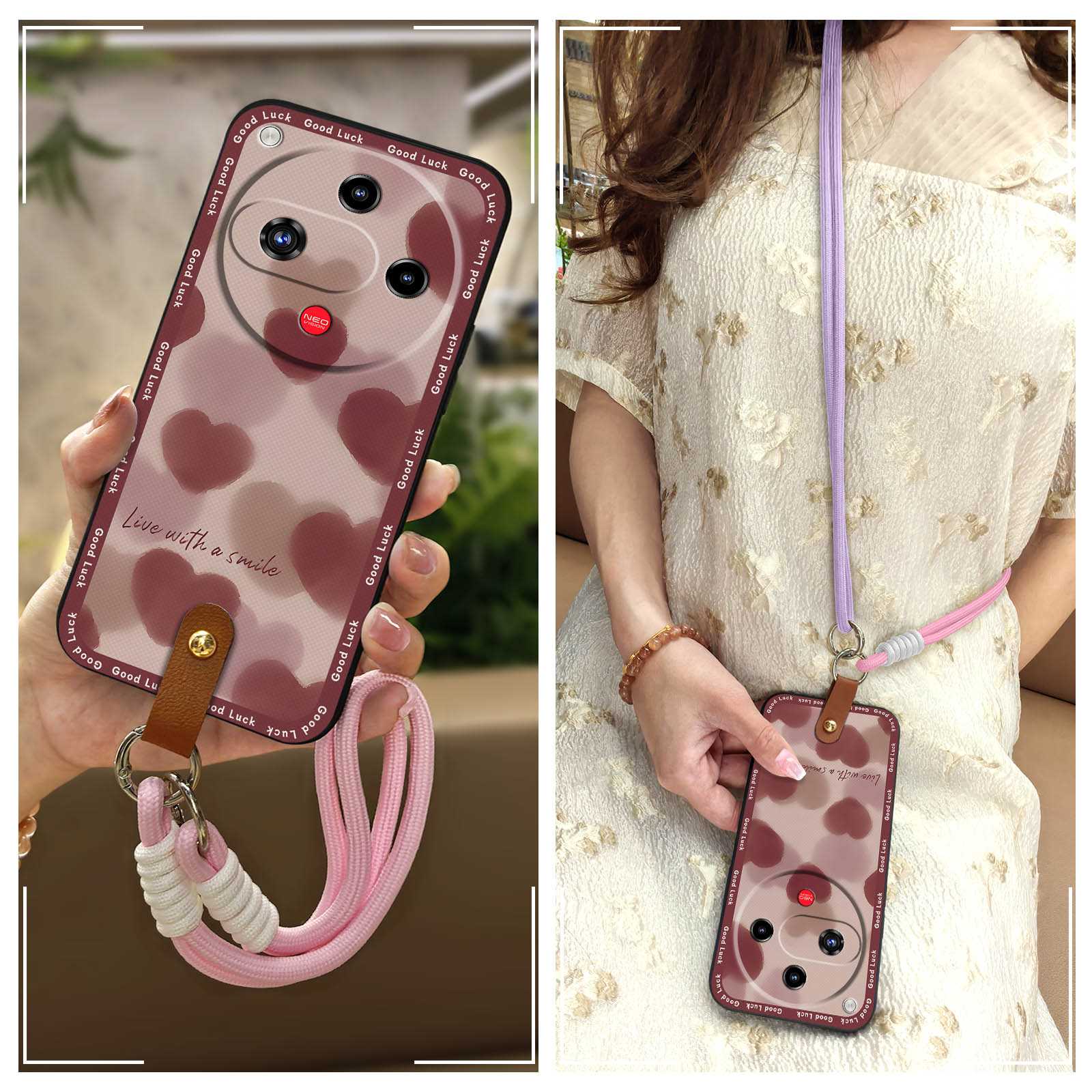 Cute Silicone Phone Case For ZTE Nubia Focus2 5G Diagonal Shockproof Lanyard Graffiti Waterproof Back Cover Full wrap