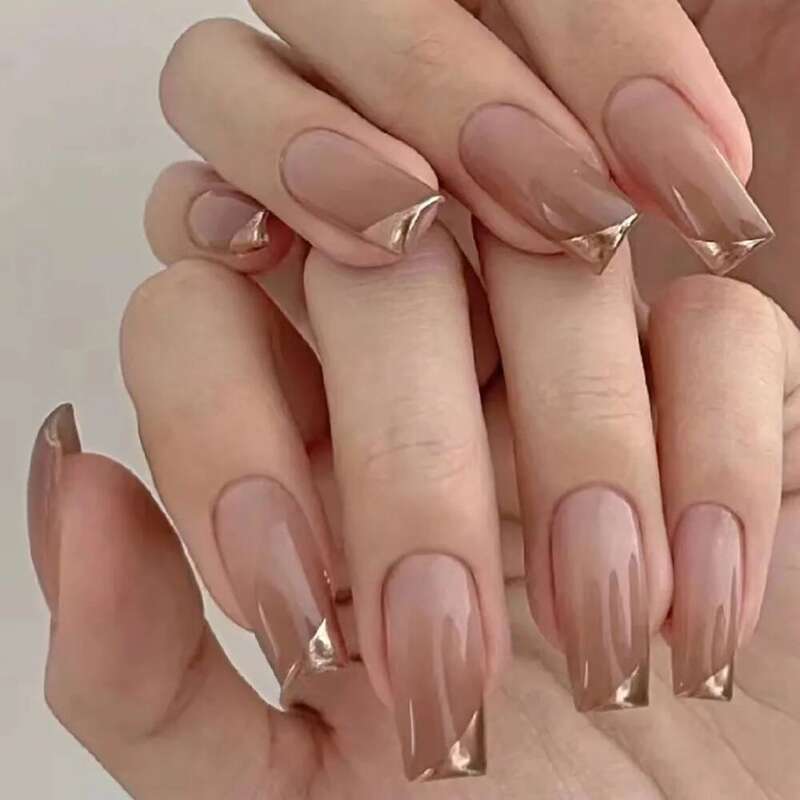 24pcs Fake French Ballet Nail With Solid Color Gold Edge False Press On Nails Waterproof Faux Fingernails