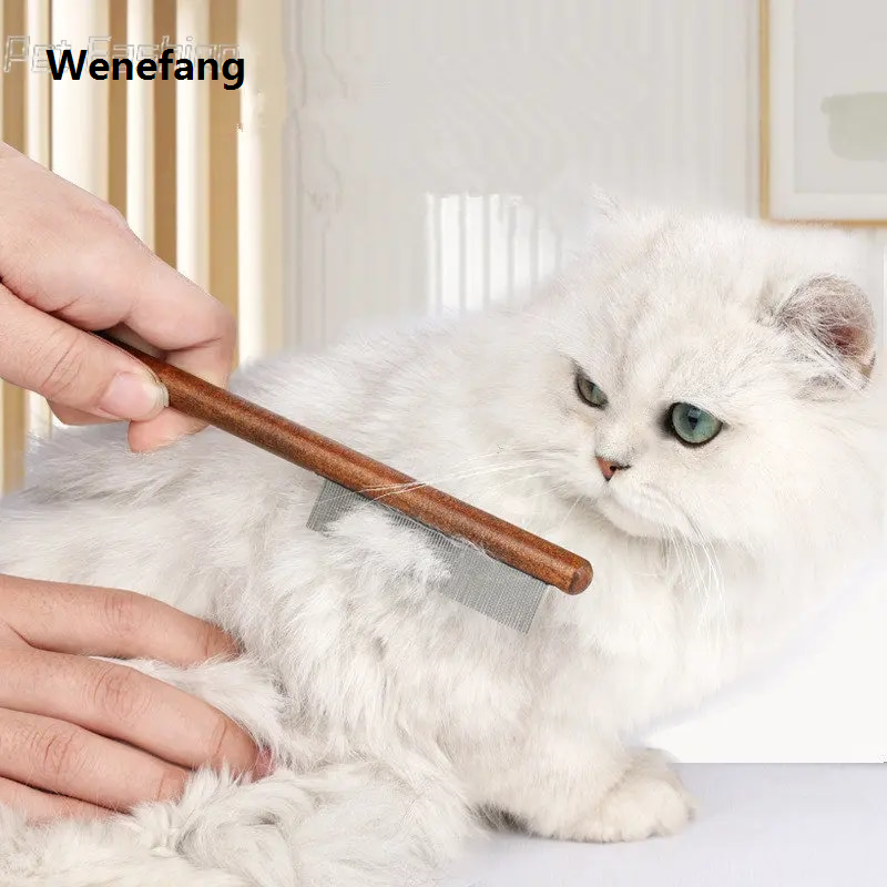 Wenefang Dog Comb Stainless Steel Dog Brush Pet Hair Remover Wooden Handle Brush for Dogs Hair Knot Opening Massage Cat Comb Pet Grooming