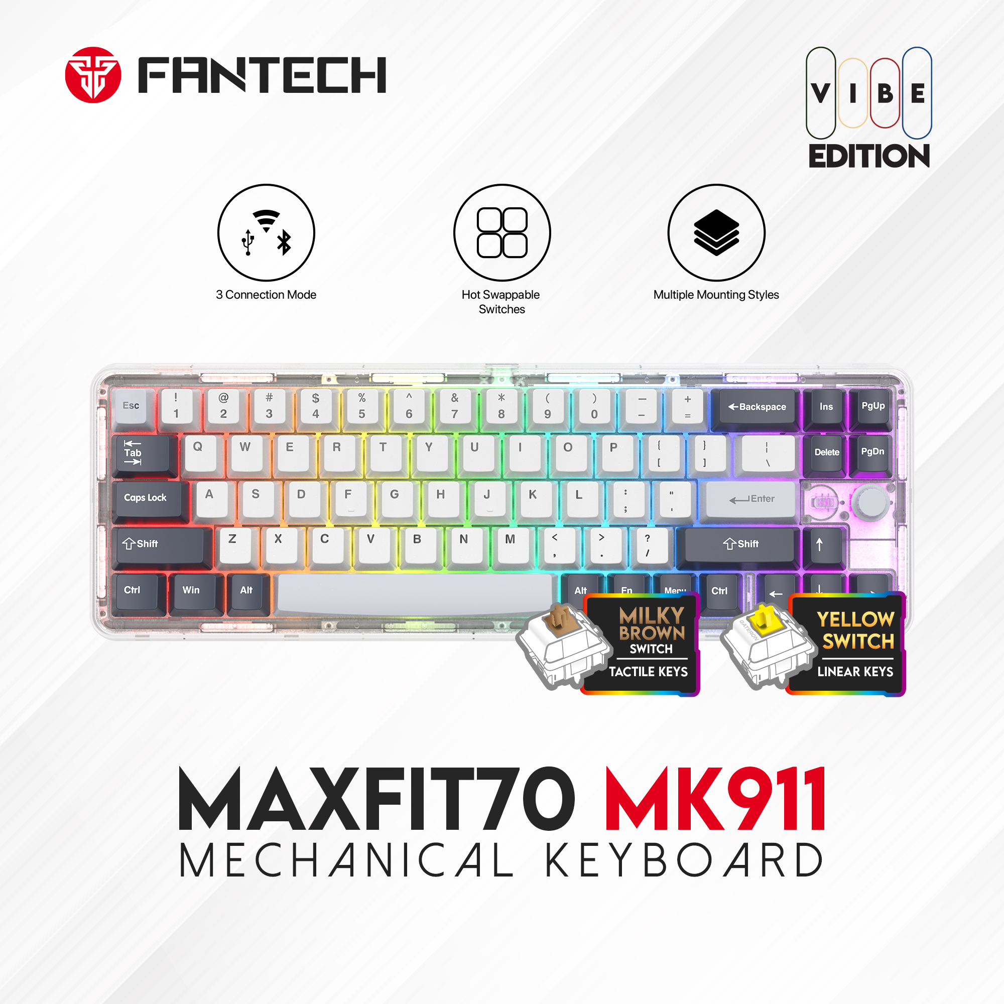 FANTECH MAXFIT70 MK911 Hot Swap Wireless and Wired Mechanical Keyboard -(Vibe Epic GreyScale)-Brown Switch