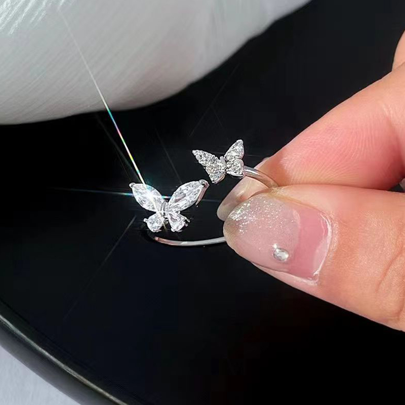 Shiny Cute Crystal Butterfly Zircon Rings for Women Girls Minimalist Wedding Ring Adjustable Silver Color Ring Jewelry