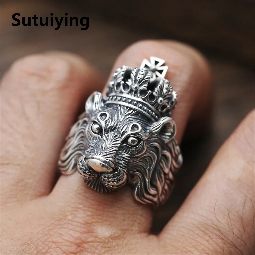 Sutuiying Ring For Men Gothic Punk Retro Male Ring Adjusta Exaggeration Ferocious Snake Wolf Lion Tiger Bulldog Exquisite Alloy
