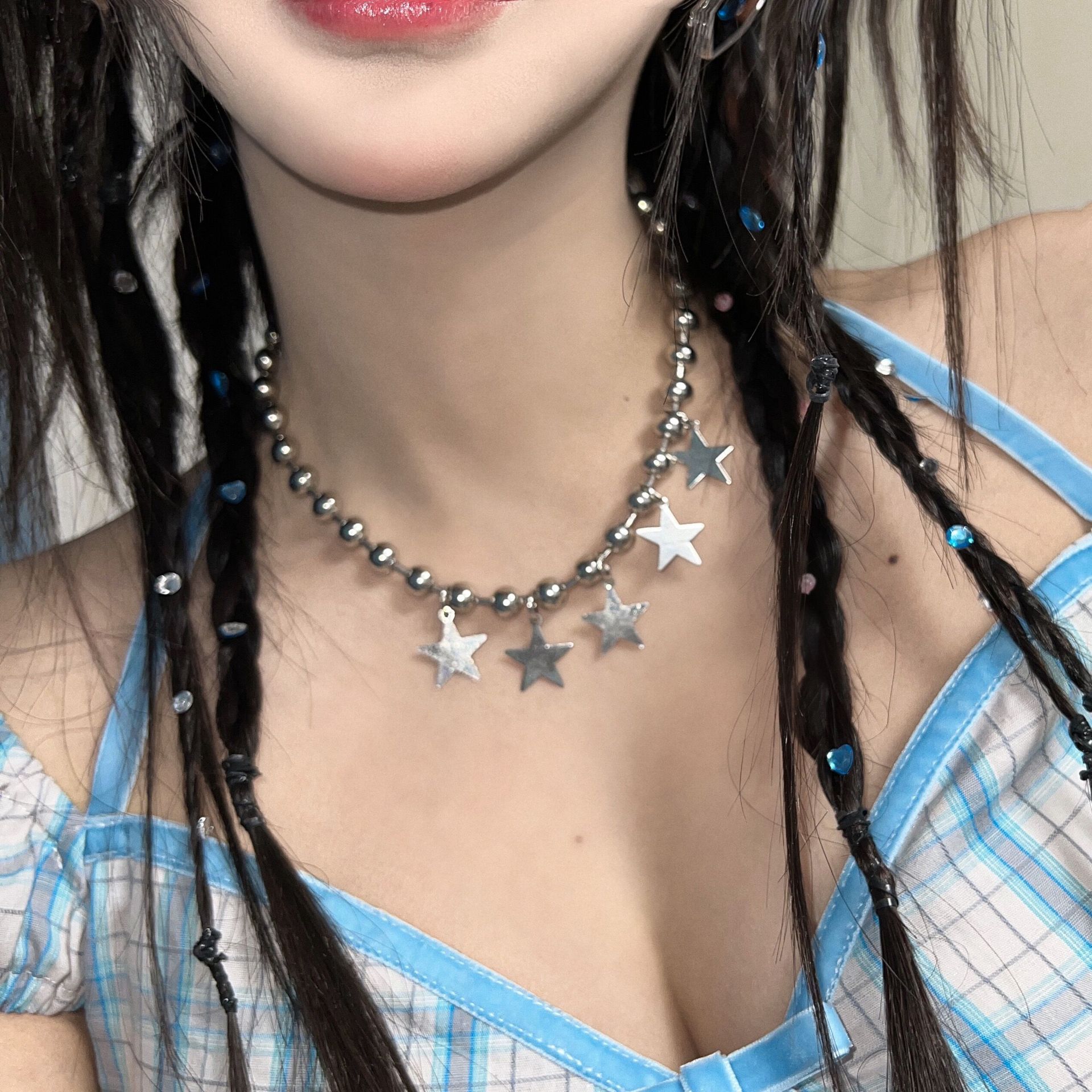 【Quality certifications】Big Round Bead Five-pointed Star Five-star Necklace Women's Clavicle Simple Niche Design Y2K Sweet Cool Style