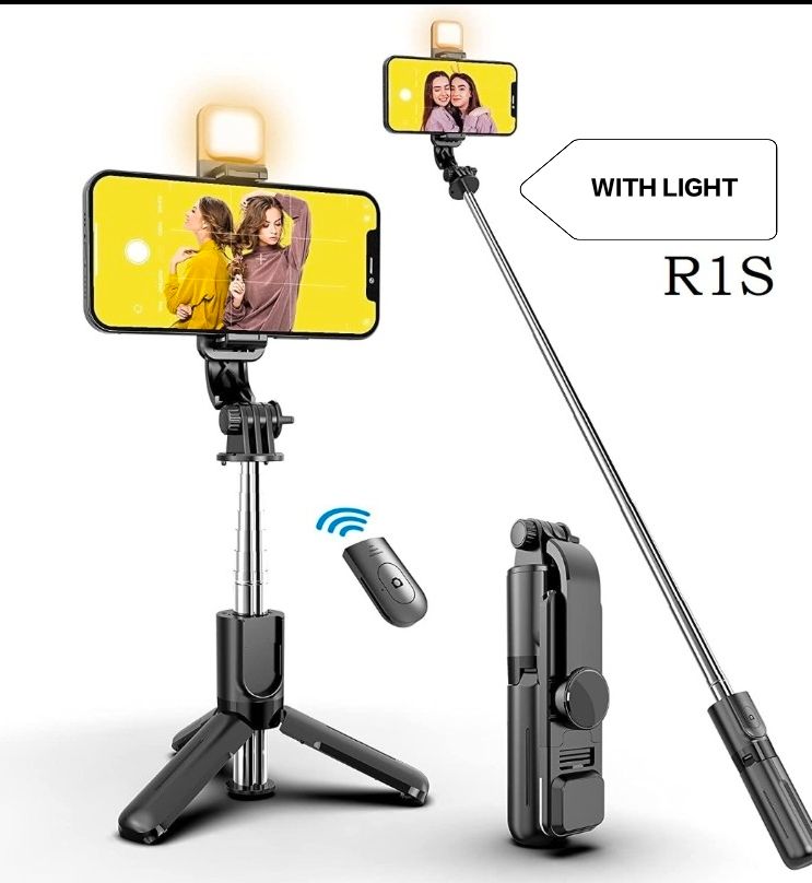Mini R1 (No-Light), Mini R1S (With Light) & 5.5Feet R1S-L/R7S-L BT, Extendable Selfie Stick, Wireless Remote, Tripod stand Available (Color May Vary)