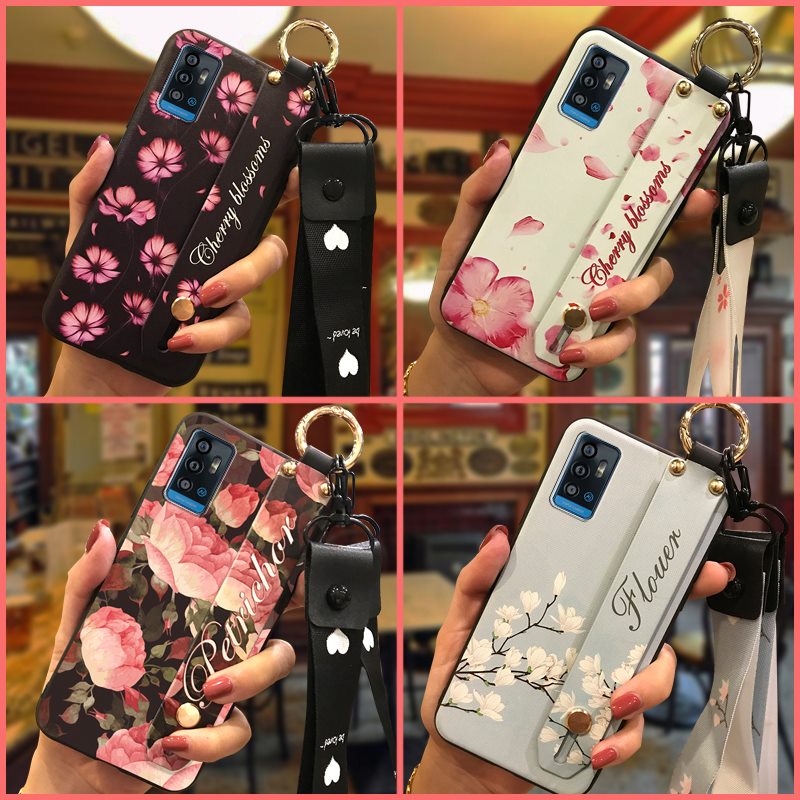 Silicone Wrist Strap Phone Case For ZTE Blade A71/Optus X Swift 5G Soft case Waterproof Wristband Back Cover Flower ring
