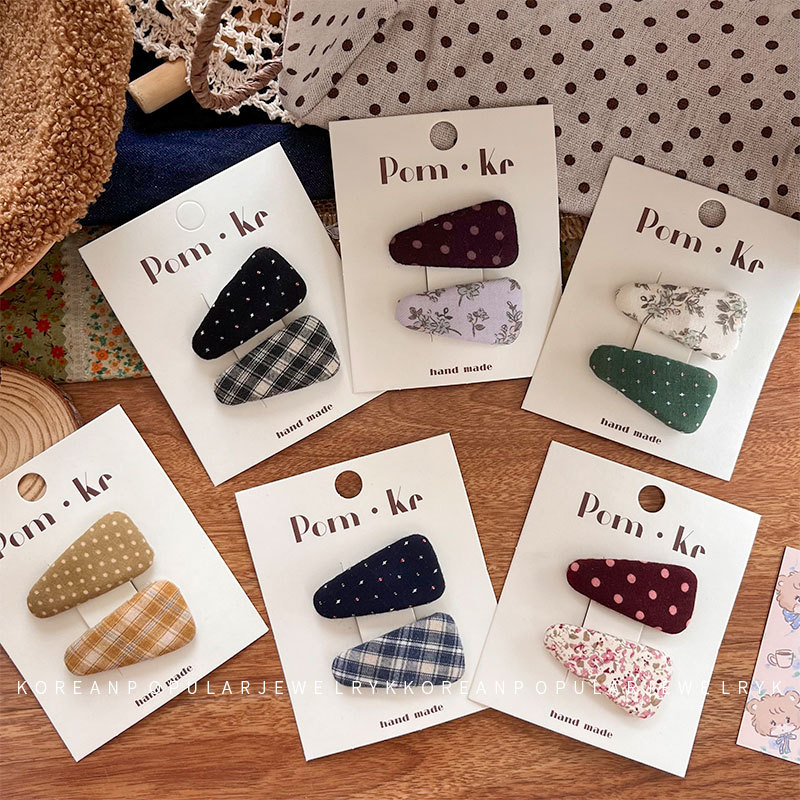 New Korean version new small fresh plaid polka dot hairpin baby girl fabric oval bb clip printed bang clip