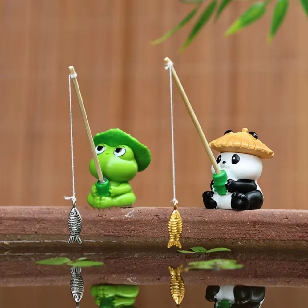 Cute Mini Fishing Decorative Ornaments Landscaping Ornaments Fish Tank DIY Panda Fishing Ornaments Cartoon with Fishing Rod Frog Ornaments Home Garden Pond Decorations