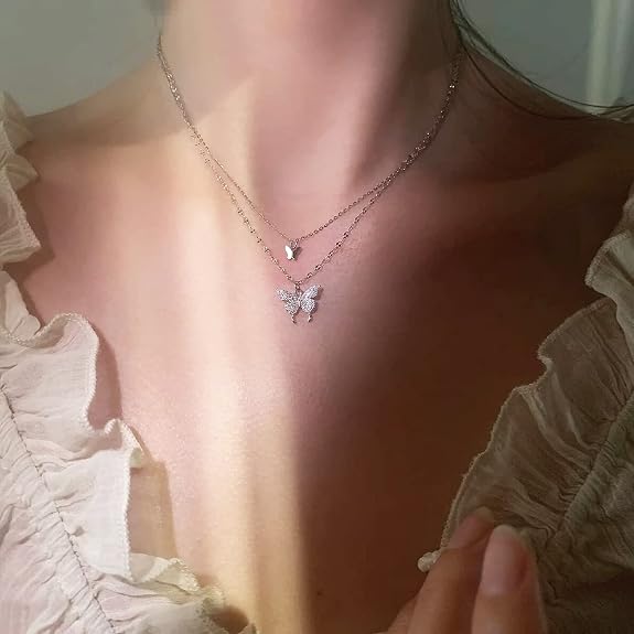 Double Butterfly Layered Necklace for Women - Crystal Butterfly Pendant Necklace with Gold-Tone Double Chain, Korean Style Fashion Jewelry (1 Piece)