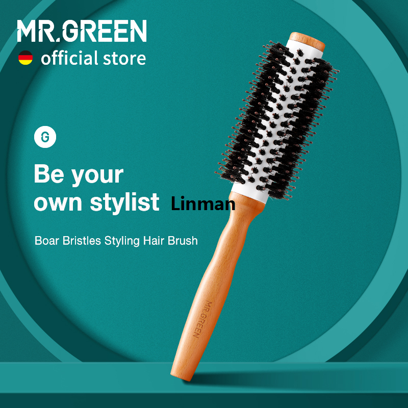 Linman MR.GREEN Boar Bristles Hair Brush Round Styling Curling Roll Hai rbrush Natural Wooden Detangling Comb for Long Curly Or Any Type