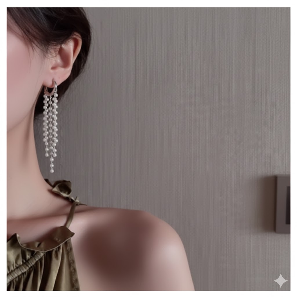 Korean Fashion Trending New Long Pearl Tassel Earrings" "Dangling Pearl Chain Earrings.