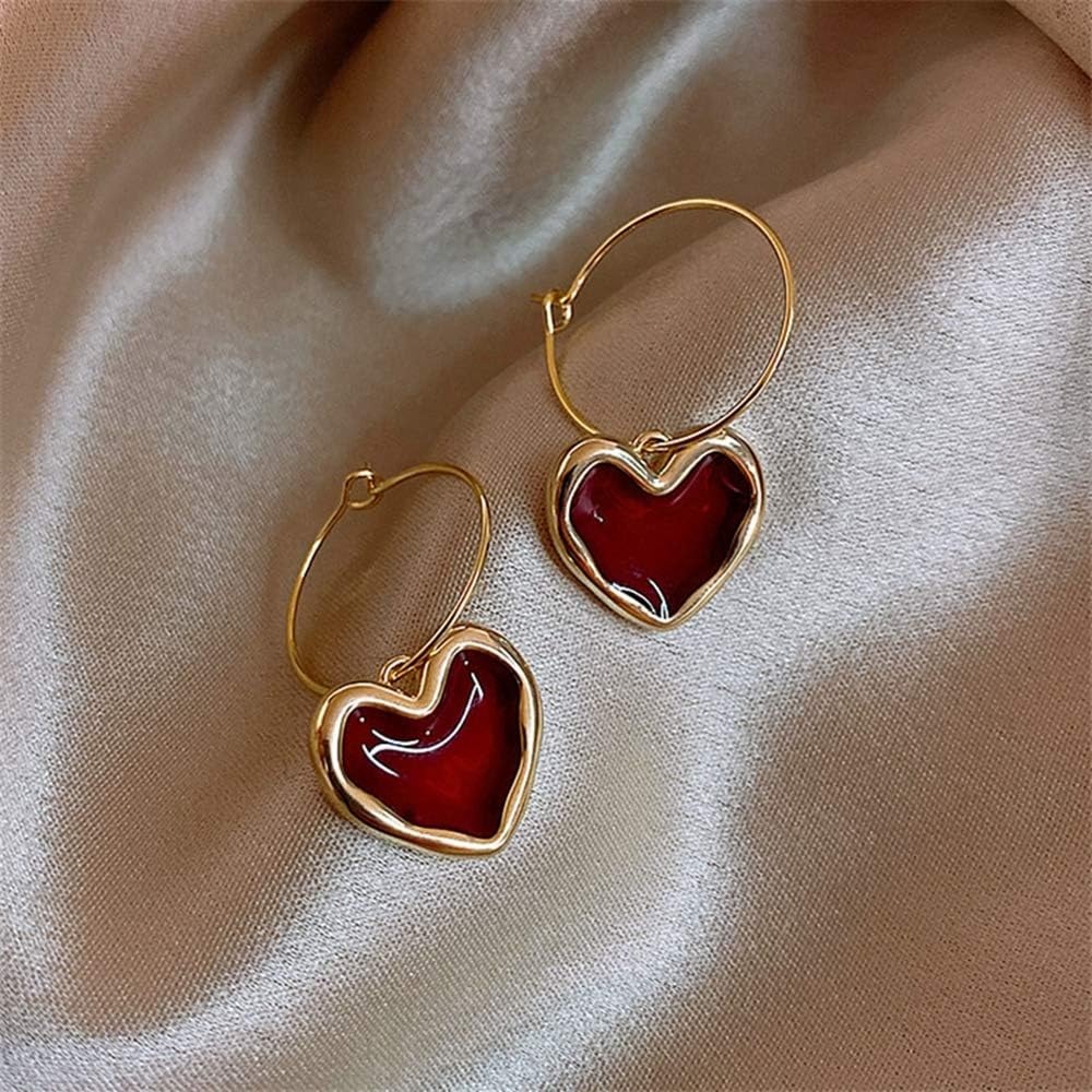 Earrings for girls Gold Plated Charm Red Heart Hoop Dangle Drop Earrings for Women