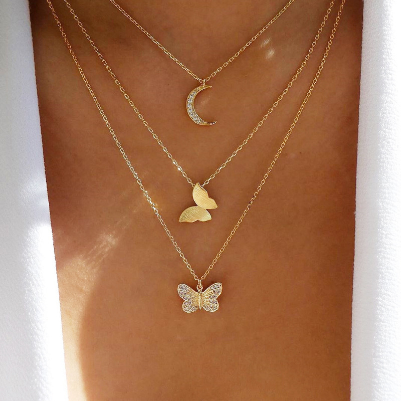【Special offer】51851 Han Zhishang New Dot Rhinestone Butterfly Pendant Necklace Women's Creative Simple Alloy Three-layer Necklace