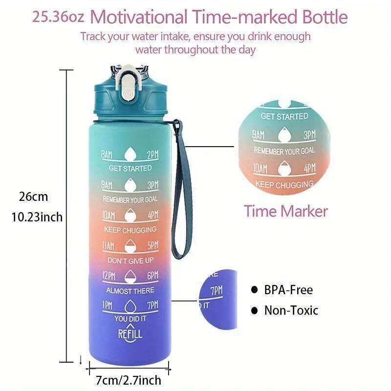 1pcs 750ML/ 25.36oz Gradient Color Motivational Sports Water Bottle PC+PP Material, Time Marker for Hydration Tracking