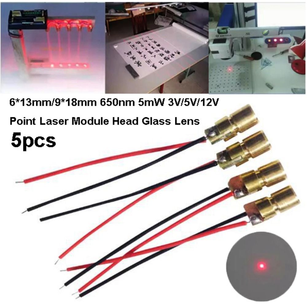 5pcs High Quality Point Shaped Laser Module Head 650nm 5mW 6*13mm/9*18mm Glass Lens 3V/5V/12V Focusable Focus Adjustable Laser
