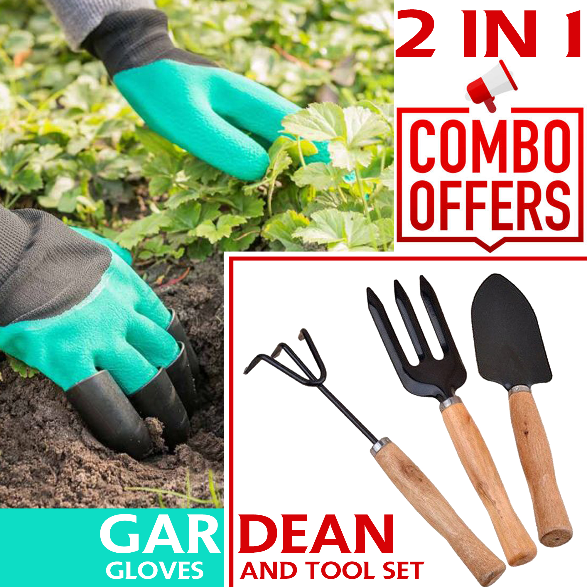 2 In 1 Combo Offer With 1 Pair Garden Gloves And 3 Pieces Garden Tool Set