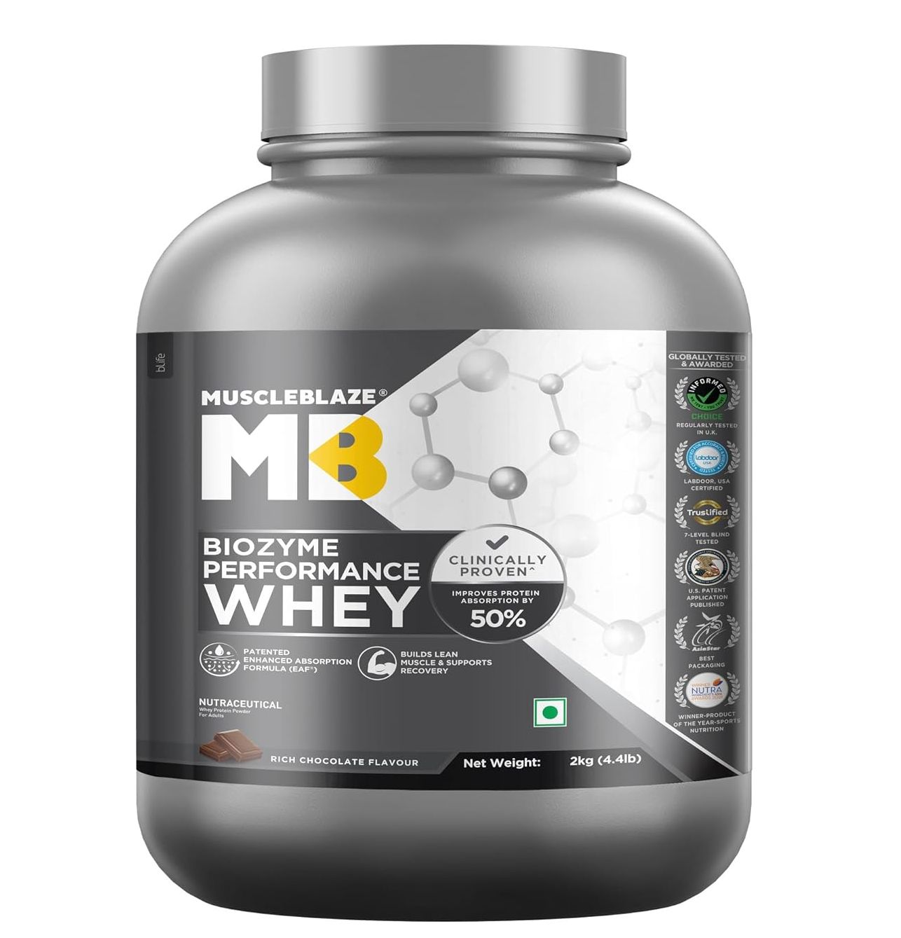 MuscleBlaze Biozyme Performance Whey Protein 2kg Chocolate Flavor Labdoor USA Certified with 25g Protein 11.75g EAA 5.5G BCAA 4.4G Glutamine