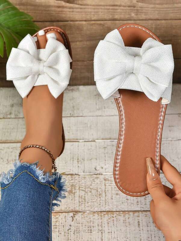 1pair Black Flat Sandals With Bow Decor, Round Open Toe, Non-Slip Bottom, able & Comfortable Roman Slippers, Suitable For Indoor, Leisure, Party