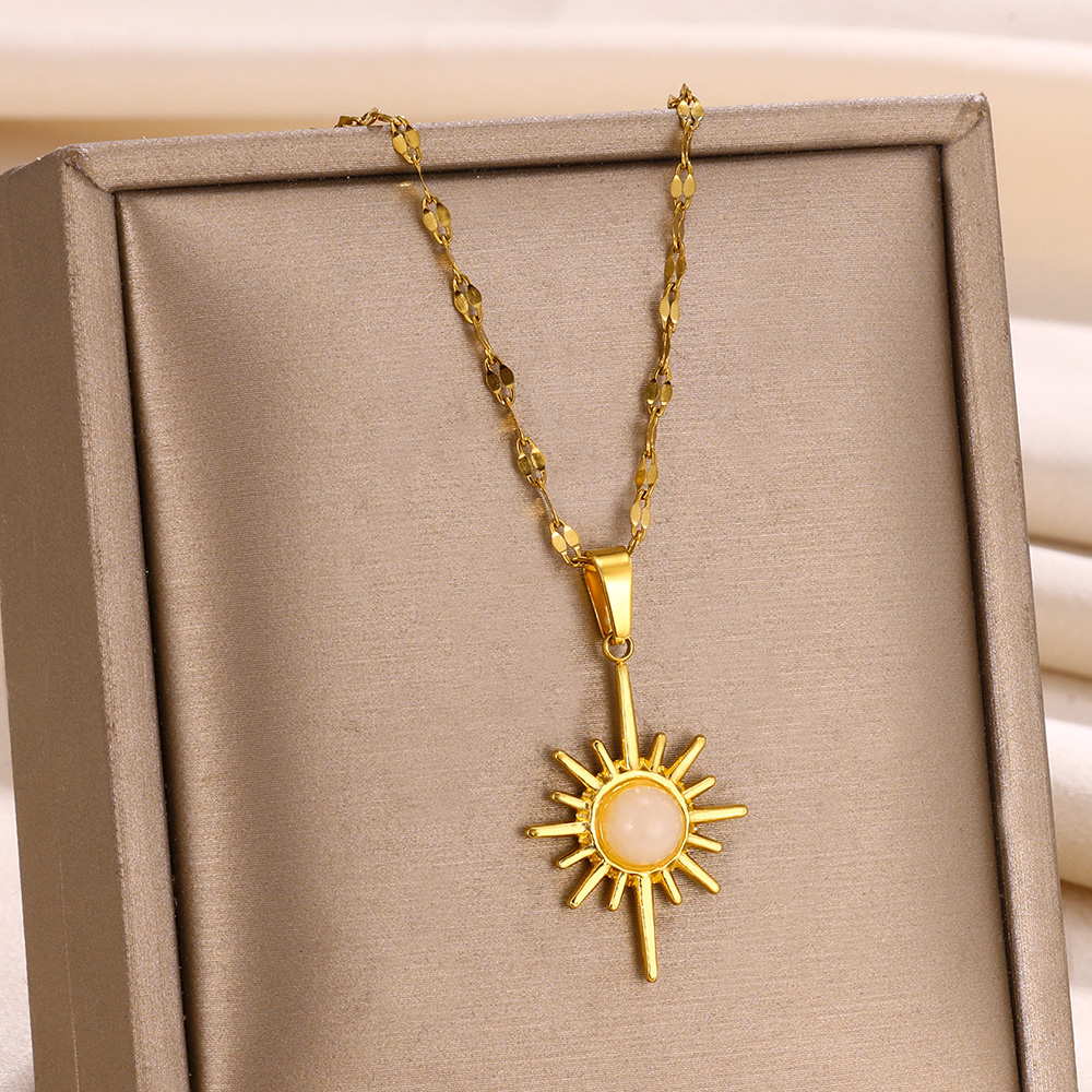 Yuanyan Round Opal Stone Choker Sun Necklaces For Women Eight Pointed Star Collar Stainless Steel Jewelry Valentine's Day Delicate Gifts