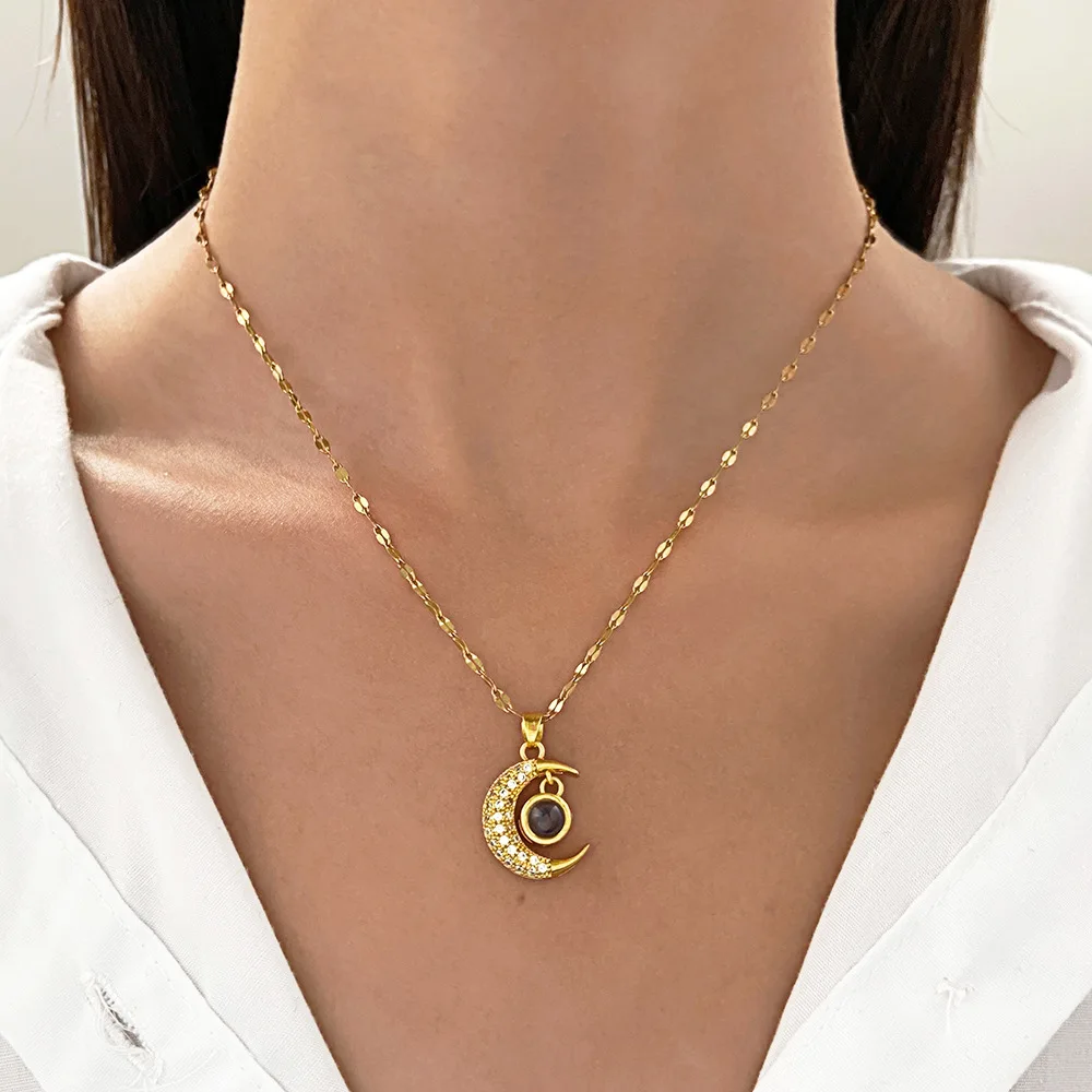 ANX Fashion Trendy Moon Projection Necklace Silver/Gold I Love You Necklace 100 Languages for Women/Crescent Moon Necklace/ Romantic Jewelry Gift