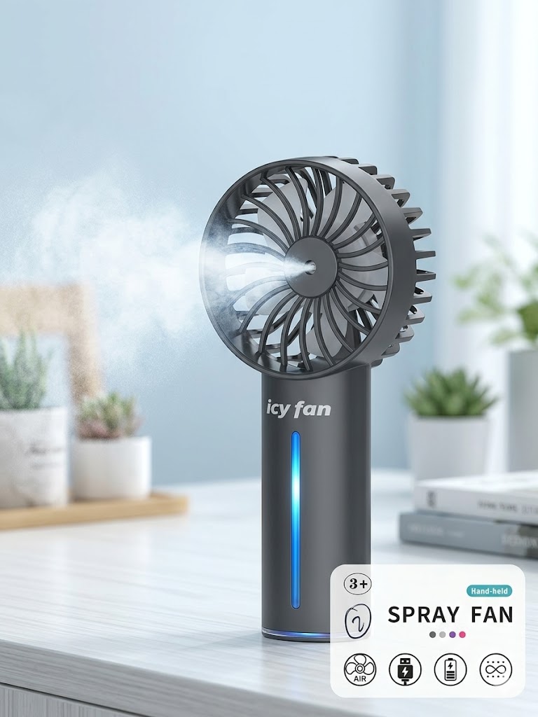 Rechargeable Hand-Held Spray Icy Fan With Water Filling Space And 3 Speed Regulation