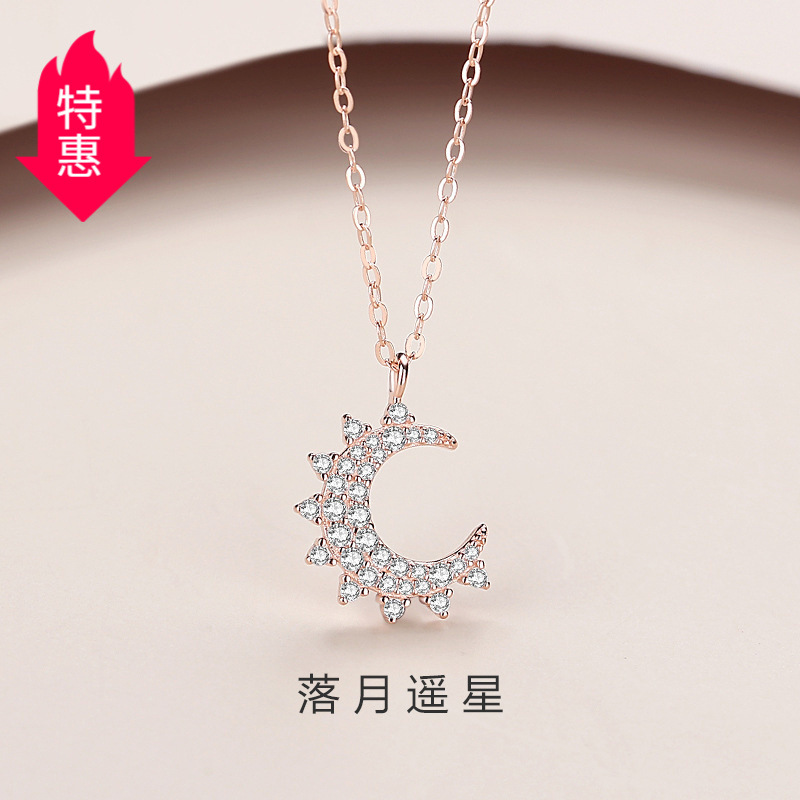Sale】Summer New Full Diamond Small Moon Necklace Women's Niche Light Luxury Star Moon Chain Girlfriend Necklace