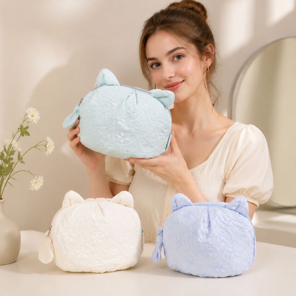 New Cute Cat Pattern Travel Cosmetic Bag Zipper Candy Colors Toiletry Bag Floral Print Cat Makeup Bag Gift