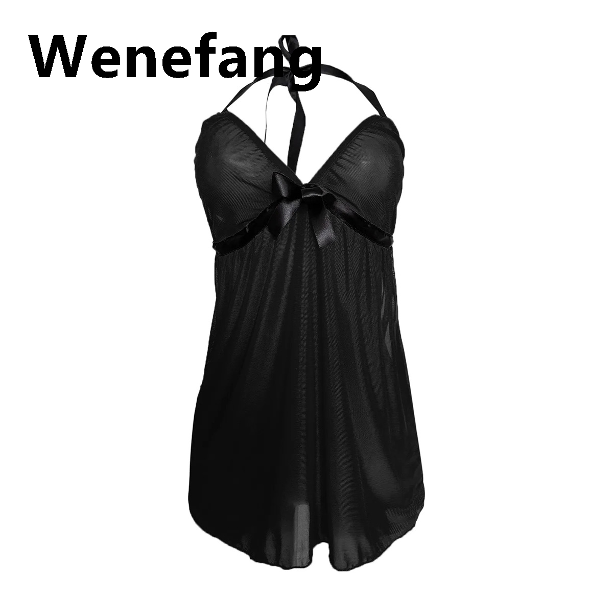 Wenefang Plus Size Lace Mesh Night Dress with Panties Lingerie Women Nightgowns New style Exotic Costumes Halter Nighties Sheer Mesh Sleepwear