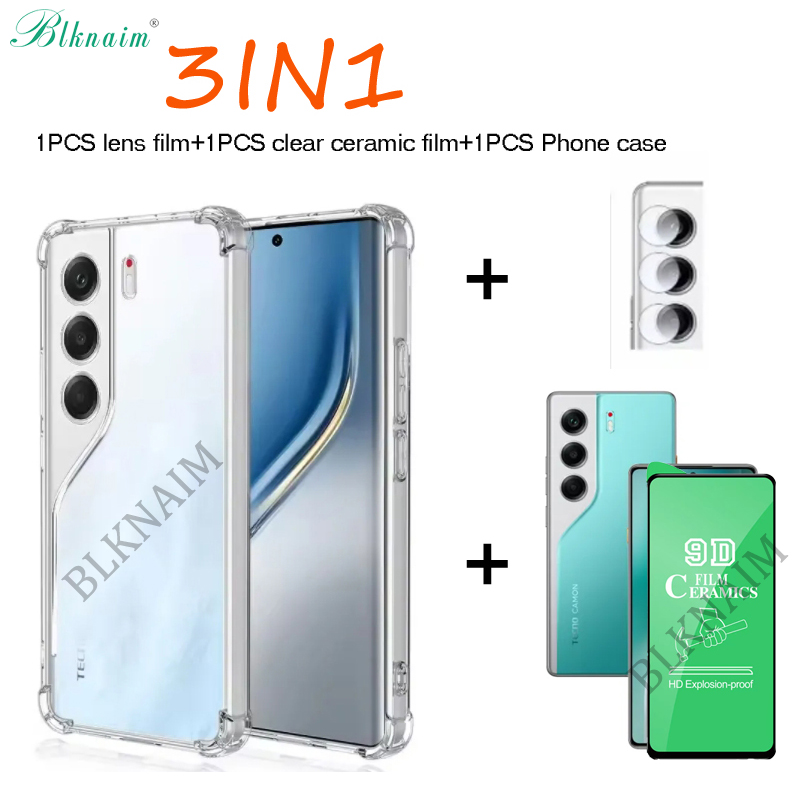 BLKNAIM 3 IN1 NEW 1PCS Four corner anti fall transparent case+1PCS clear HD ceramic film+1PCS lens film For Tecno Camon 40 Case