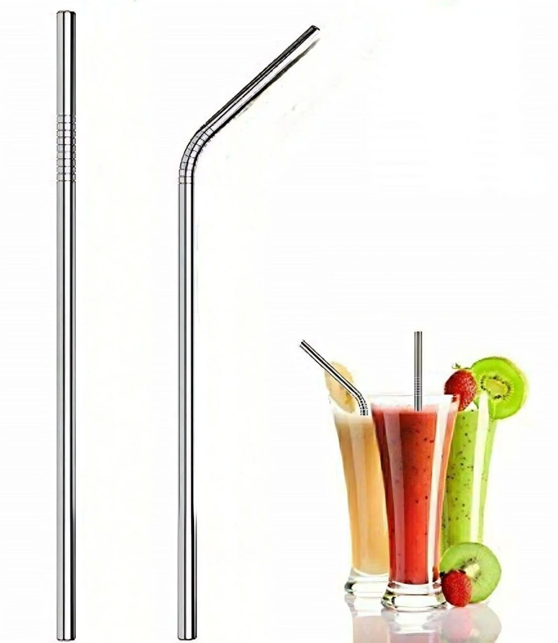 eusable Stainless Steel Drinking Straws Silver Colour Set (1 Bent + 1 Straight )