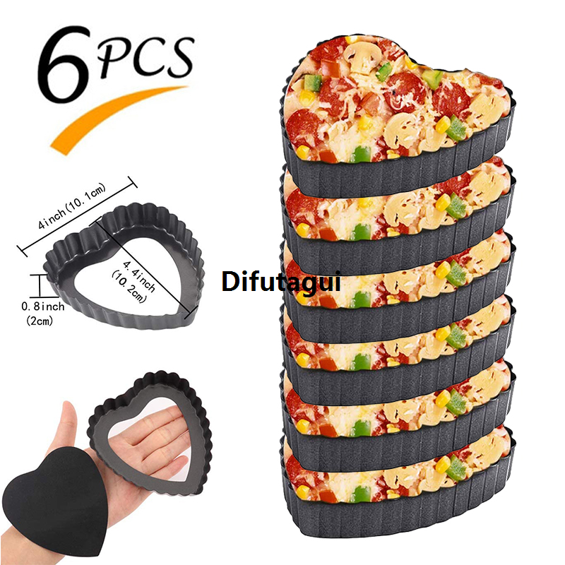 Difutagui New specials 6Pcs Heart Shape Mini Tart Pan Set 4 Inch Nonstick Quiche Luxury Pan With Removable Bottom Cake Mold Carbon Steel Tart Tins Baking Tray