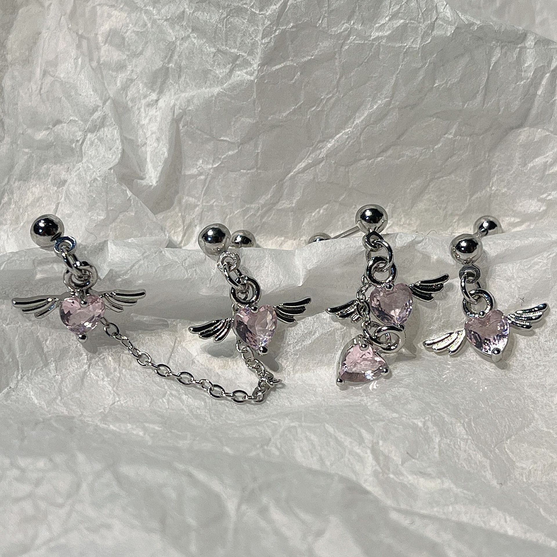 【Mega Sale】Waiting your heart pink zircon love wings ear nail sweet cool chain earrings women's wind double ear hole earrings
