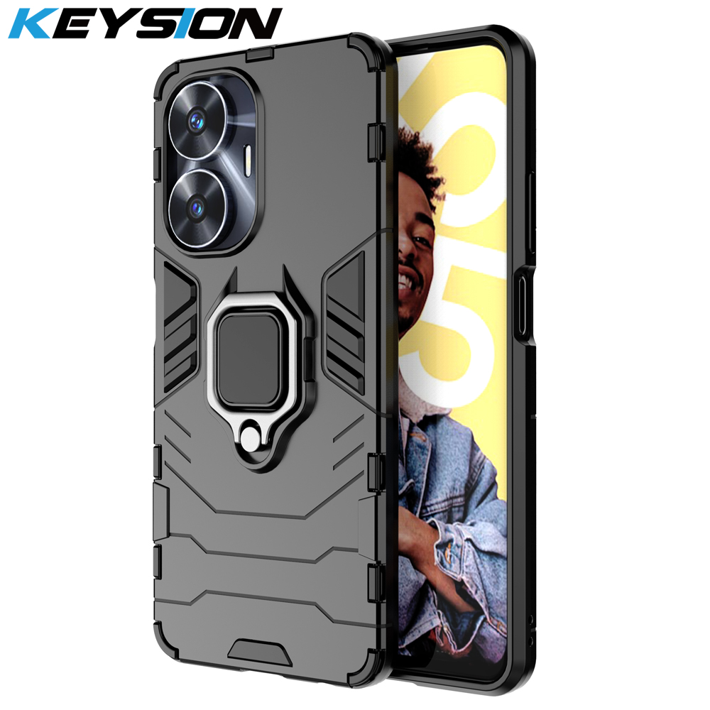KEYSION Shockproof Case for Realme C55 C53 C35 C33 C30 Silicone+PC Ring Stand Phone Cover for OPPO Narzo 50 Pro 5G 50A Prime 50i
