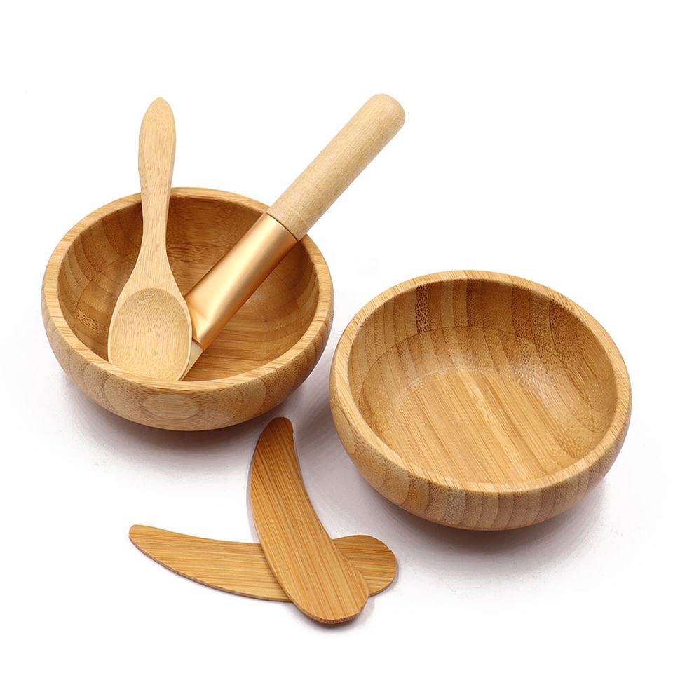 Yuanyan 1Pcs Natural Bamboo Make Up Bowls Set with Spoon and Spatual and Brush Wooden Bamboo Lipgloss Mask Clay Face Care Tool for Women