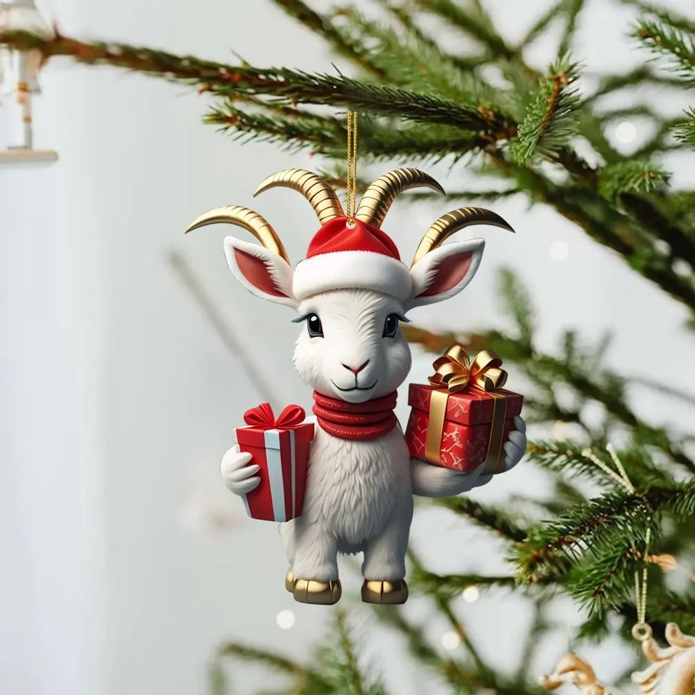 New Creative Flower Wreath Gift Box Dog Pendant Acrylic Hangable Christmas Tree Hanging Decor Cute Cartoon Goat Xmas Snowflake Decorations Party