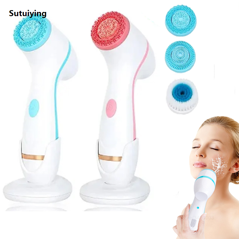 Sutuiying LED Waterproof Electric Sonic Facial Exfoliating Cleanser Silicone Bargain price Facial Cleansing Brush With 6 Replaceable Face Brush