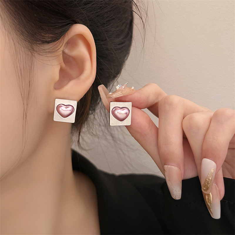 【New Arrivals】New Trendy Simple Square Colorful Purple Love Earrings Sweet Cool Style Spice Girls Niche Design Ear Studs Earrings Women
