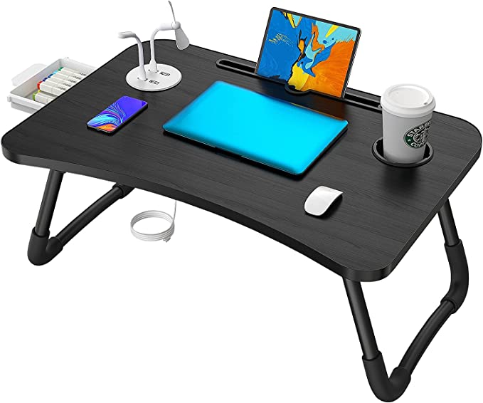Laptop Table With USB Port, Folding Large Bed Table Portable Laptop Desk With Storage Drawer For Student Study Adult Work On Couch Sofa