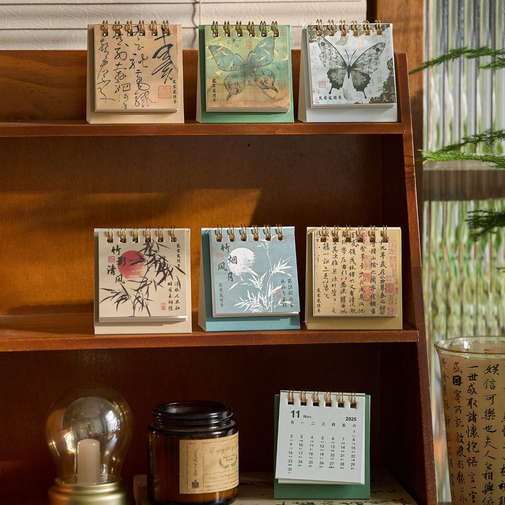 Portable Month Date Display 2026 Mini Desk Calendar Ink Wash Painting Ancient Monthly Planner Chinese Style Date Planner Schedule Planner Spring Festival