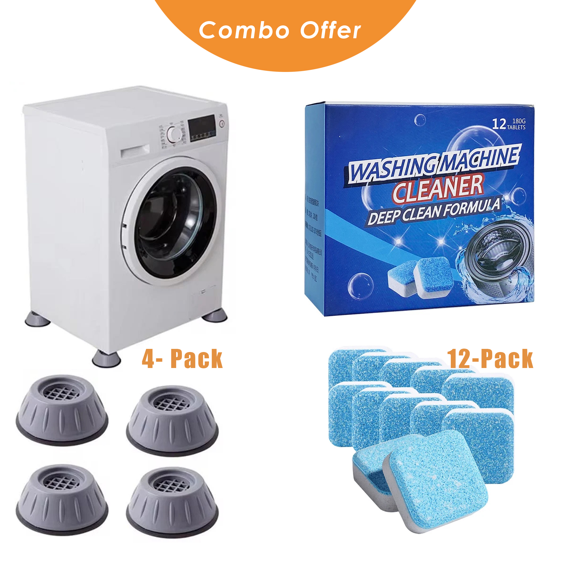 2-in-1 Combo Offer: 12pcs Washing Machine Cleaner Tablets + 4pcs Multipurpose Furniture Base Stand for Refrigerator & Washing Machine